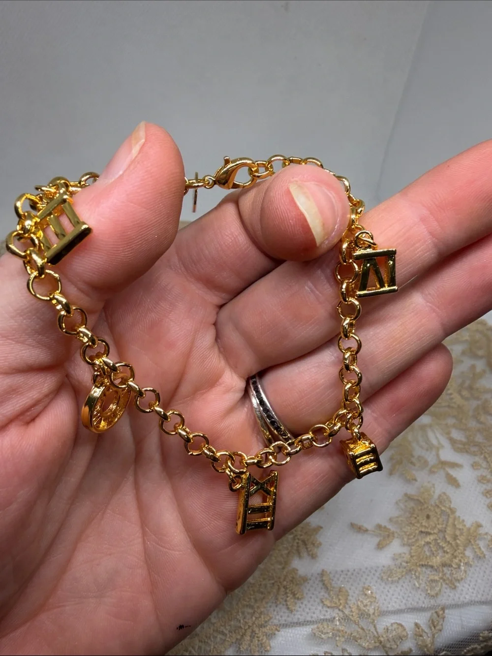 18K Marked Yellow Gold Roman Numeral Charm Bracelet |Designer Inspired